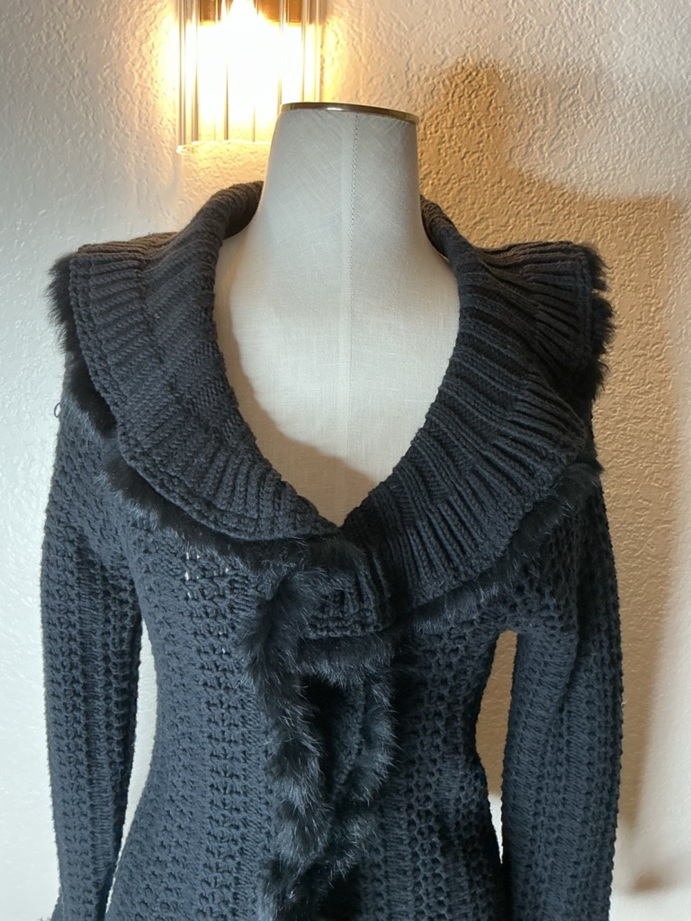 Adore Black- Knit Shawl Collar Sweater with Faux Fur Trim